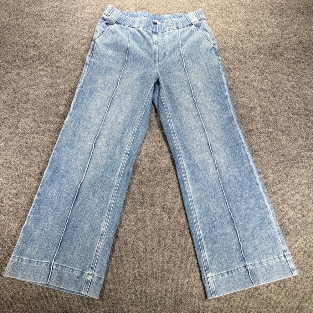 Isaac Mizrahi Live Wide Leg Jeans Pintuck Seam Pull On Blue Denim 10P Womens